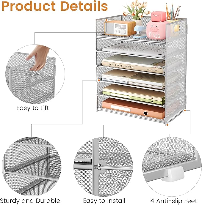 Subekyu 6-Tier Desk Paper Organizer, Desktop File Letter Tray with Handle, Document Sorter and Accessories Holder for Office, Home and School Workspace Organizers, Silver - 2 Pack