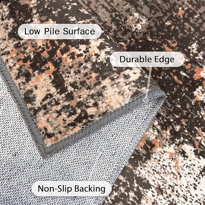 GENIMO Washable Area Rugs for Living Room, 8x10 Vintage Non Slip Rugs, Low Pile Lightweight Soft Print Rug for Bedroom, Dining Room, Home Office, Brown Orange