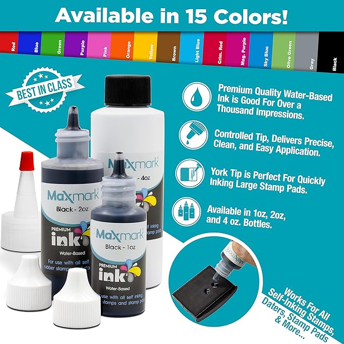 MaxMark Premium Refill Ink with Control Tip Bottle for Self-Inking Stamps, Gray Color - 1 oz.