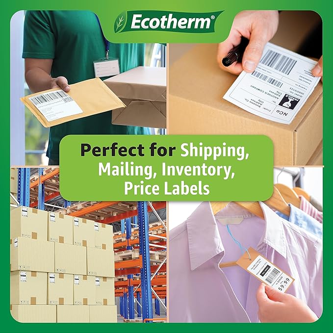 4" x 3" Thermal Labels | 4 Rolls | 2100 Labels | fits Zebra, Munbyn, Rollo, Godex, Arkscan, iDPRT, Offnova Thermal Label Printers and More | Blank White Adhesive Stickers by Ecotherm