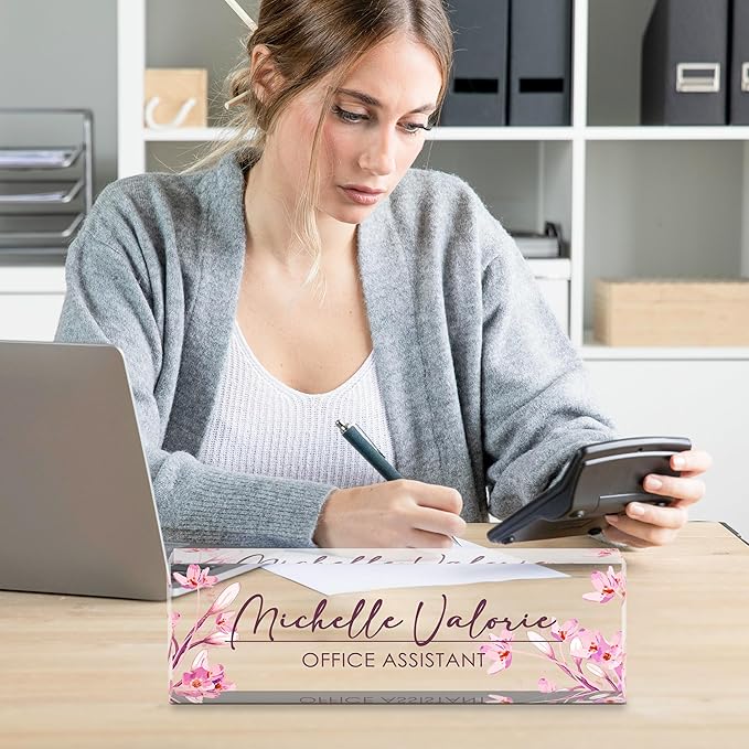 Personalized Name Plate for Desk, Custom Desk Name Plate, Acrylic Name Plate Office Desk Accessories, Personalized Office Gifts for Coworkers Teachers, Employee Appreciation Gifts (A-Pink Flower)
