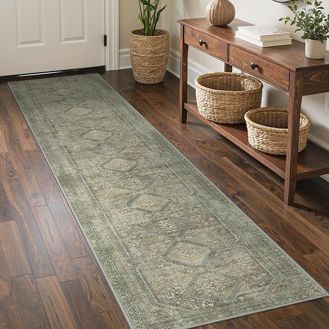 GENIMO Runner Rug 2x12 Non Slip Machine Washable Hallway Runner Rug, Low Pile Lightweight Rugs for Entryway, Hallway, Kitchen and Corridor, Sage/Blue