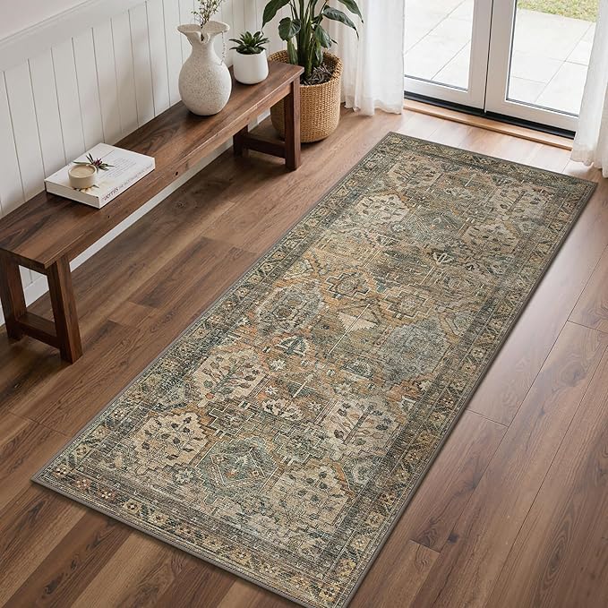 GENIMO 3x8 Runner Rugs for Hallway, Machine Washable Non Slip Vintage Rugs, Low Pile Lightweight Soft Print Rug for enrtyway, Corridor, Home Office, Kitchen, Warm Taupe