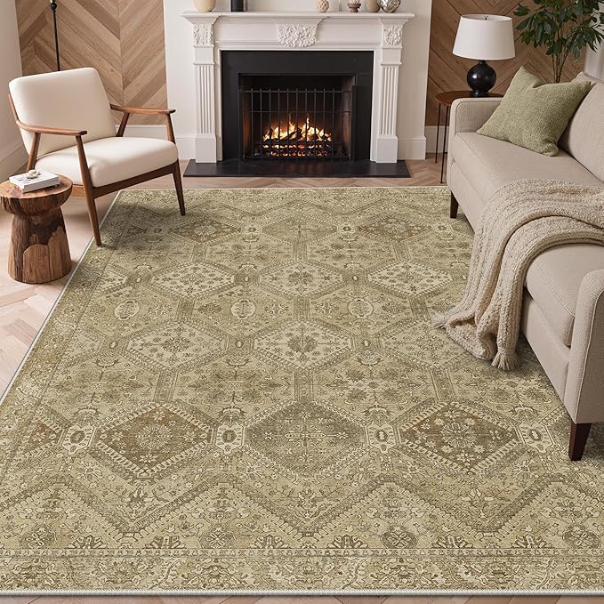 GENIMO 6x9Area Rugs for Living Room, Machine Washable Non Slip Vintage Rugs, Low Pile Lightweight Print Rug for Bedroom, Dining Room, Home Office, Tan Brown