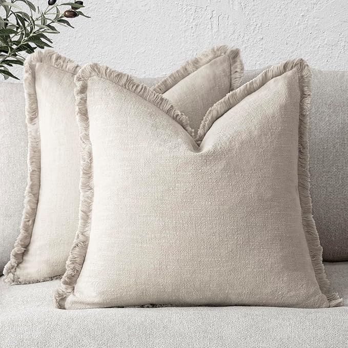 Foindtower Set of 2 Decorative Linen Fringe Throw Pillow Covers Cozy Farmhouse Boho Cushion Cover with Tassels Soft Accent Pillowcase for Couch Sofa Bed Living Room Home Decor 20×20 Inch Beige