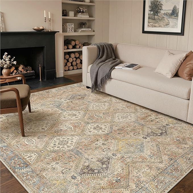 GENIMO 6x9Area Rugs for Living Room, Machine Washable Non Slip Vintage Rugs, Low Pile Lightweight Print Rug for Bedroom, Dining Room, Home Office, Warm Brown