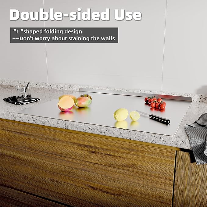 KORVOS Stainless Steel Cutting Board, 15.7" x 11.8" Double-Sided Cutting Boards for Kitchen, Metal Chopping Board with Lip&Non-Slip Mat, Easy to Clean, Suitable for Meat Fruits & Baking
