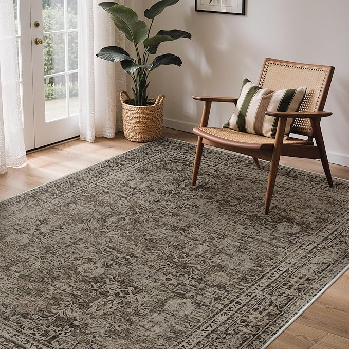 GENIMO 8x10 Area Rug Machine Washable Boho Rug for Living Room,Ultra-Thin Low Pile Carpet,Lightweight Indoor Printed Rug,Non Slip Floral Area Rug for Bedroom, Dining Room, Home Office,Brownish Green
