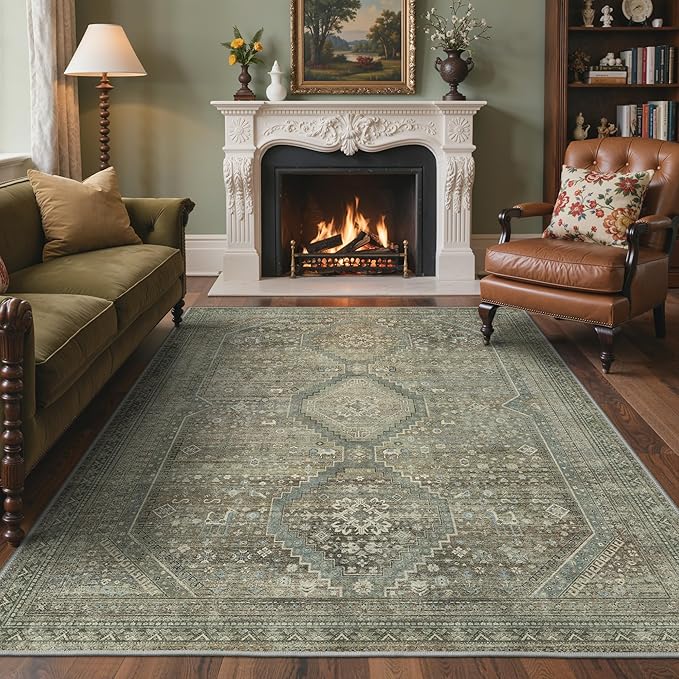 GENIMO 6x9 Area Rugs for Living Room, Machine Washable Non Slip Rugs, Low Pile Lightweight Vintage Print Rug for Bedroom, Dining Room, Home Office, Sage/Blue