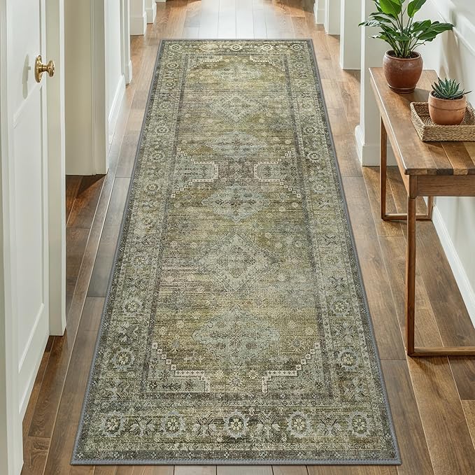 GENIMO Runner Rug 2x8 Non Slip Machine Washable Vintage Hallway Runner Rugs, Low Pile Lightweight Mat for Living Room, Entryway, Bedroom, Kitchen and Corridor, Distressed Sage