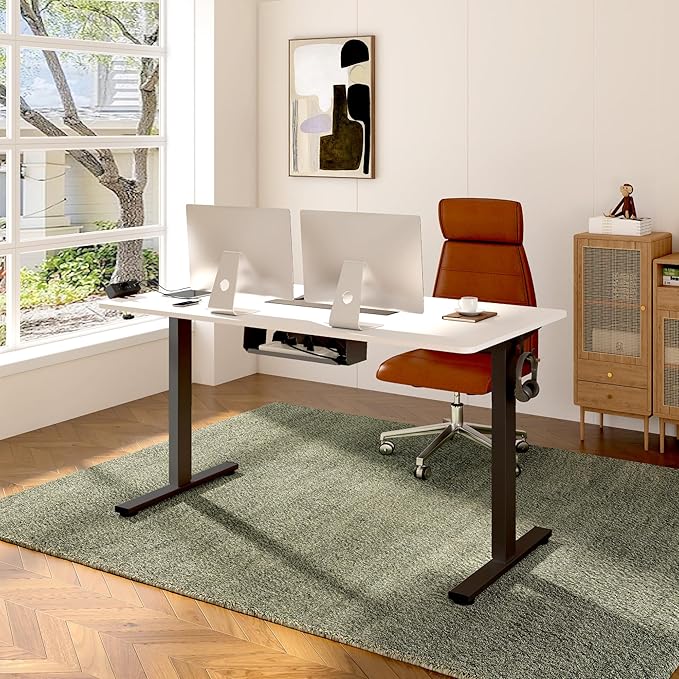 FLEXISPOT EN2 Whole-Piece Standing Desk with Clamp Power Strip, 48 x 24'' Electric Stand Up Height Adjustable Desk with Cable Management (Black Frame + 48" White Top, 2 Packages)