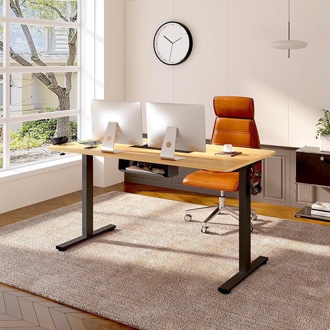 FLEXISPOT EN2Whole-Piece Standing Desk with Clamp Power Strip, 60 x 24 Electric Stand Up Height Adjustable Desk with Cable Management (Black Frame +60" Maple Top, 2 Packages)