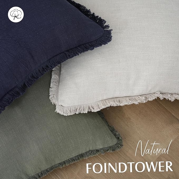 Foindtower Set of 2 Decorative Linen Fringe Throw Pillow Covers Cozy Farmhouse Boho Cushion Cover with Tassels Soft Accent Pillowcase for Couch Sofa Bed Living Room Home Decor 20×20 Inch Olive Green