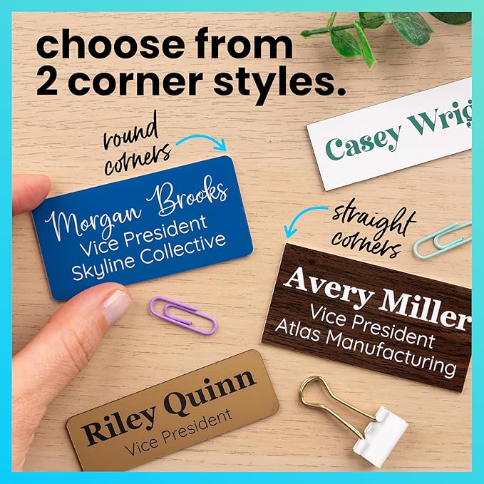 ExcelMark Custom Name Tag - Engraved Name Badge with Pin or Magnetic Backing, 16 Colors, 6 Fonts, and 2 Sizes to Choose from (White w/Black Letters, 1.5"x 3")