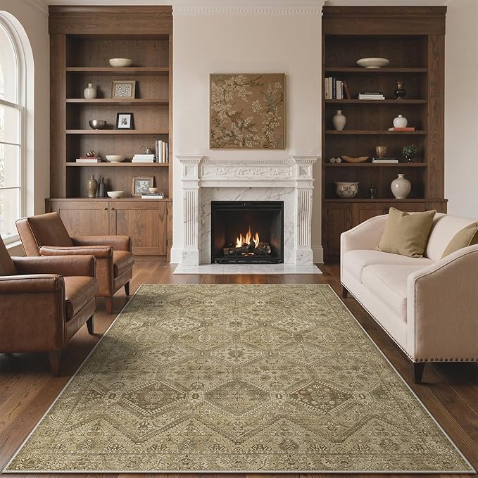 GENIMO 3x5 Area Rugs for Living Room, Machine Washable Non Slip Vintage Rugs, Low Pile Lightweight Print Rug for Bedroom, Dining Room, Home Office, Tan Brown