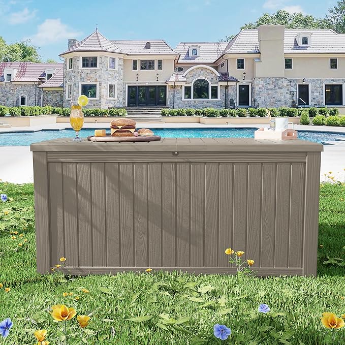 Decksplore Outdoor Storage Box Waterproof, 200 Gallon Lockable Resin Large Deck Box, Patio Storage Bin for Pool Accessories Cushion Furniture, Garden Tools, UV-Resistant Outside Delivery, Grey