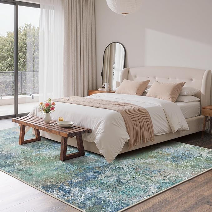 GENIMO Washable Rugs 6x9 Area Rugs for Living Room Bedroom, Modern Lightweight Rug Ultra Soft Indoor Area Rugs 6x9 for Dining Room, Low Pile Carpet with Non Slip Backing, Blue Green