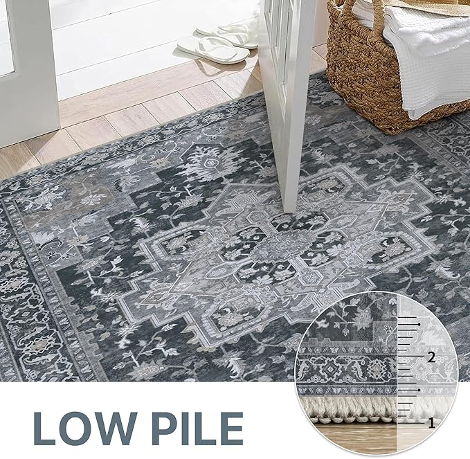 GENIMO 2x12 Runner Rugs for Hallway, Machine Washable Non Slip Vintage Rugs, Low Pile Lightweight Soft Print Rug for enrtyway, Corridor, Home Office, Kitchen,Dark Gray