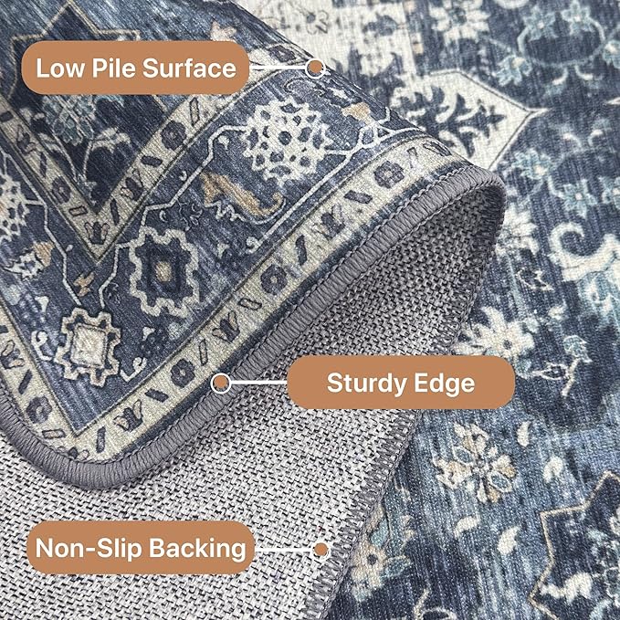 GENIMO 6x9 Area Rugs for Living Room, Machine Washable Non Slip Vintage Rugs, Low Pile Lightweight Chenille Print Rug for Bedroom, Dining Room, Home Office, Center Blue