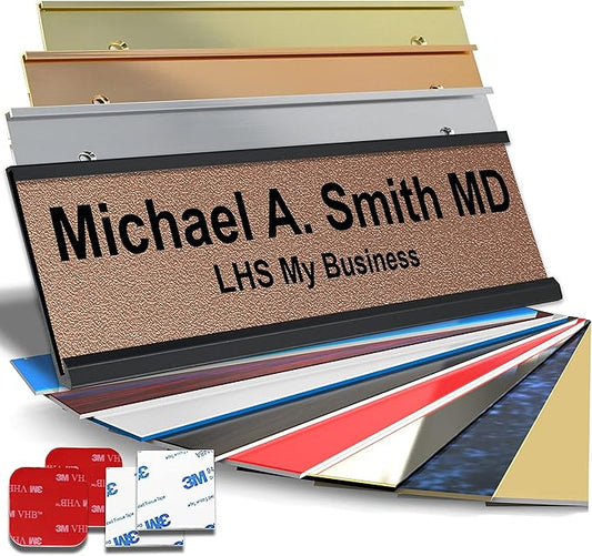 Personalized Name Plate with Choice of Mounting for Walls, Doors, Desk Holders, Cubicles, Hanging and More - Custom Textured Copper Plastic Black Letters - USA Made 2x8 - M2