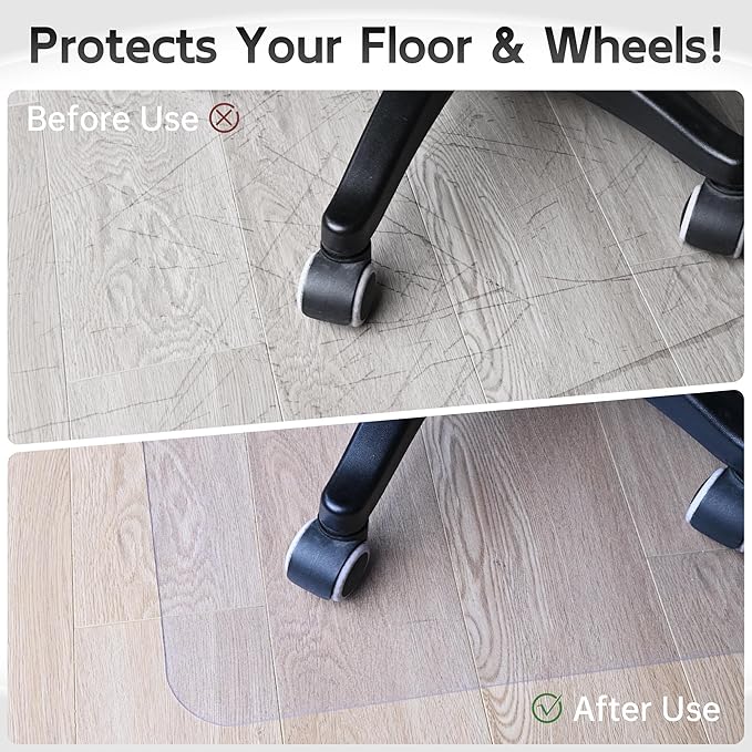 HOMEK Office Chair Mat for Hardwood Floor, 46”x 60” Crystal Clear Hard Floor Chair Mat, Transparent Floor Protector Mat Flat Without Curling