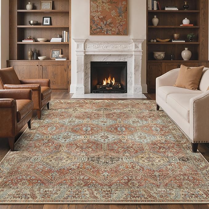 GENIMO 9x12 Area Rugs for Living Room, Machine Washable Non Slip Rugs, Low Pile Lightweight Print Rug for Bedroom, Dining Room, Home Office, Vintage Brick Red
