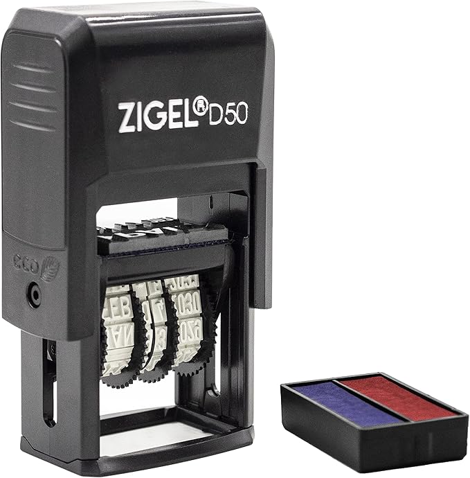 ZIGEL D50 Date Stamp with Your Custom Text - Self Inking Date Stamp - Blue/Red
