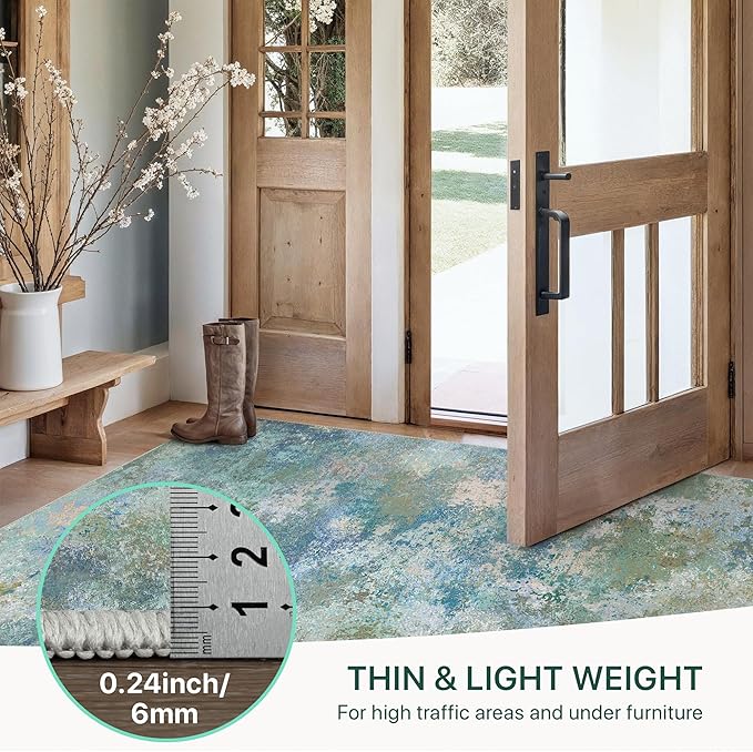 GENIMO Washable Rugs 5x7 Area Rugs for Living Room Bedroom, Modern Lightweight Rug Ultra Soft Indoor Area Rugs 5x7 for Dining Room, Low Pile Carpet with Non Slip Backing, Blue Green