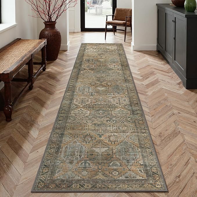 GENIMO 3x8 Runner Rugs for Hallway, Machine Washable Non Slip Vintage Rugs, Low Pile Lightweight Soft Print Rug for enrtyway, Corridor, Home Office, Kitchen, Warm Taupe