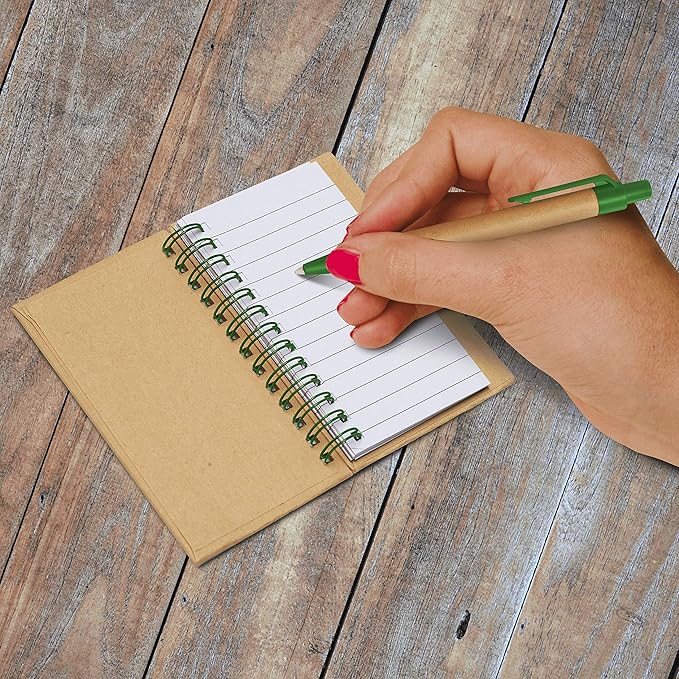 Custom Mini Spiral Notebooks with Black Ink Pens Set of 10/50/100, Personalized Bulk Pack - Perfect for School, Office, Business, Home - Green