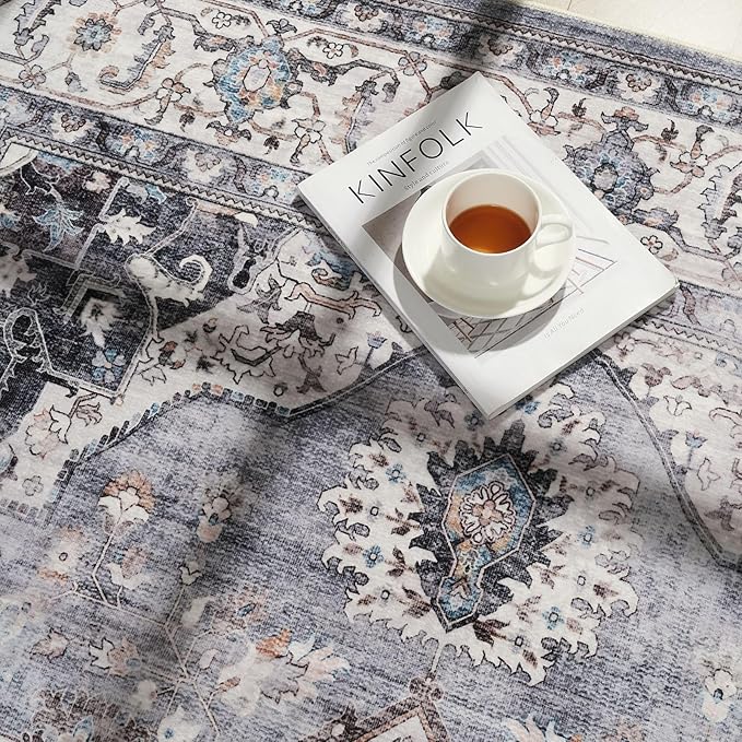 Rugcomf Vintage Medallion 4'x6' Rug - Machine Washable Area Rug, Non-Slip Low Pile Boho Carpet for Girl/Boys Room, Living Room, Kids, Entry - Grey and White