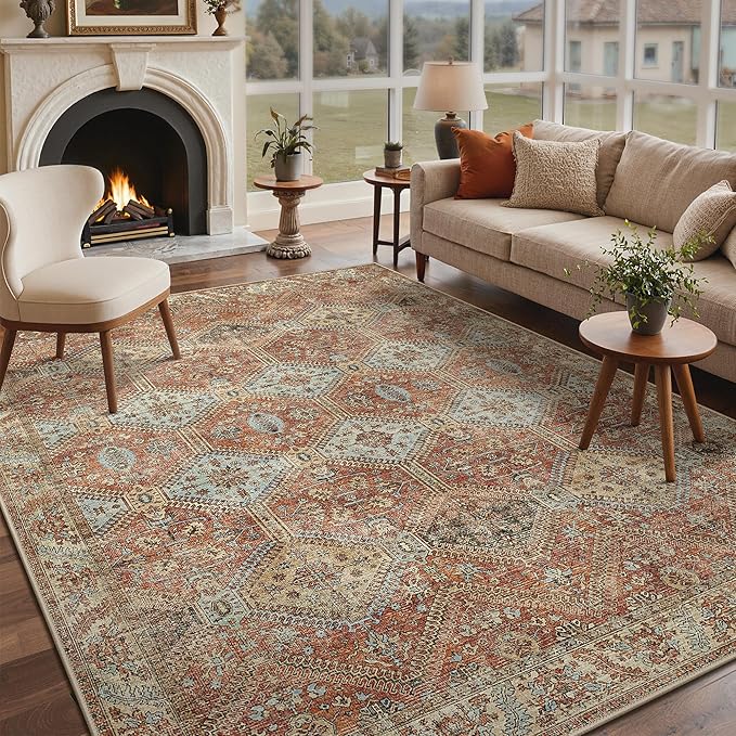 GENIMO 9x12 Area Rugs for Living Room, Machine Washable Non Slip Rugs, Low Pile Lightweight Print Rug for Bedroom, Dining Room, Home Office, Vintage Brick Red