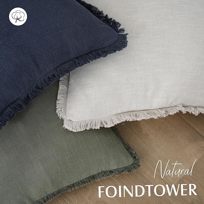 Foindtower Set of 2 Decorative Linen Fringe Throw Pillow Covers Cozy Boho Farmhouse Cushion Cover with Tassels Soft Accent Pillowcase for Couch Sofa Bed Living Room Home Decor, 26×26 Inch, Navy Blue