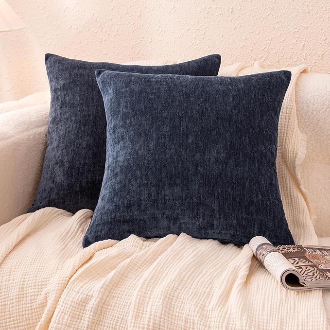 Amazon Basics Chenille Throw Pillow Covers, Home Decor Cushion Cover for Bedroom Living Room Couch Bed, 16" W × 16" L, Navy Blue