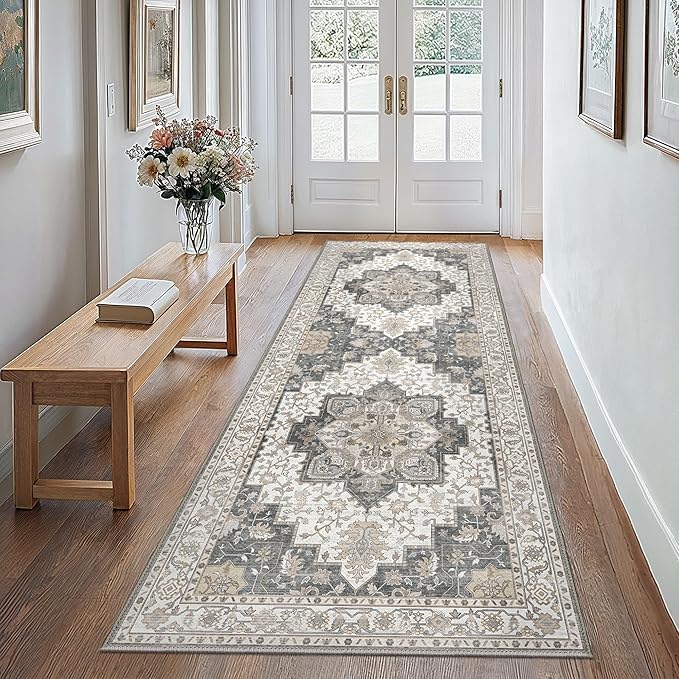 GENIMO 2'6"x6 Runner Rugs for Hallway, Machine Washable Non Slip Vintage Rugs, Low Pile Lightweight Soft Print Rug for enrtyway, Corridor, Home Office, Kitchen, Heathered Grey