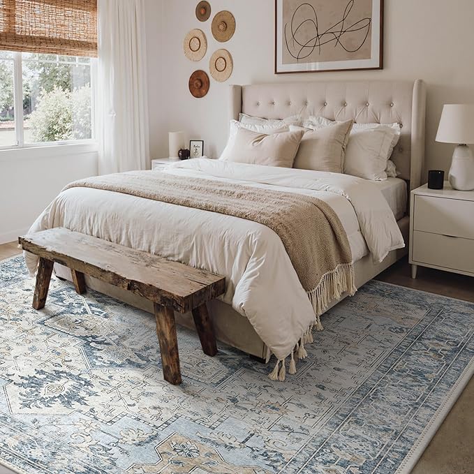 GENIMO 10x14 Area Rugs for Living Room, Machine Washable Rug, Non Slip Vintage Rugs, Low Pile Lightweight Chenille Print Rug for Bedroom, Dining Room, Home Office, Blue