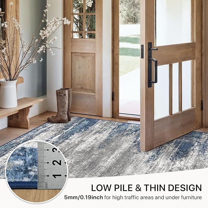 GENIMO Area Rugs 9x12 Living Room, Large Machine Washable Rug Non-Slip, Modern Soft Low Pile Rugs for Bedroom, Playroom, Dining Room, Blue Ivory