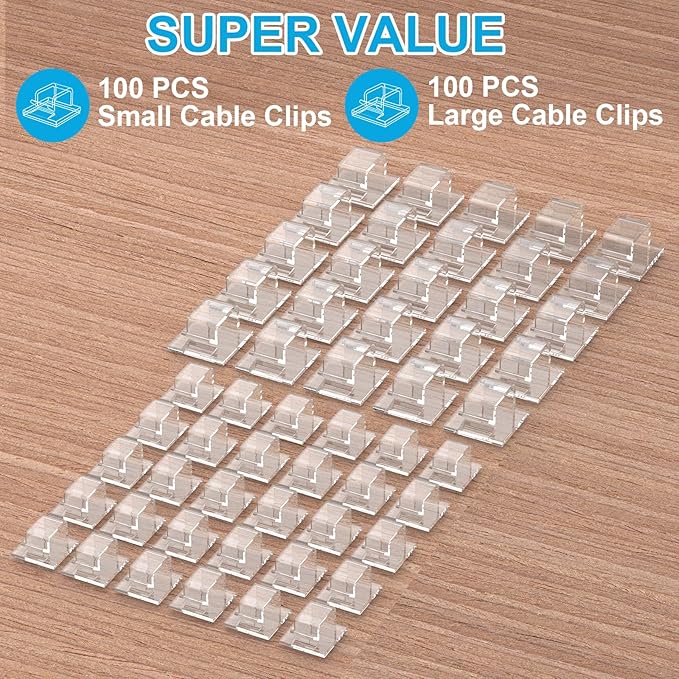 200 PCS Christmas Light Clips Outdoor (Small & Large), Adhesive Clear Cable Clips Wire Holder Cord Organizer for Cable Management, Hooks for Outdoor String Lights Patio Decor, Holiday Porch Decor