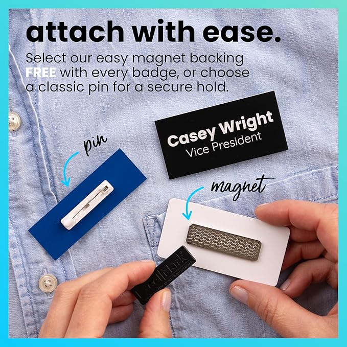 ExcelMark Custom Name Tag - Engraved Name Badge with Pin or Magnetic Backing, 16 Colors, 6 Fonts, and 2 Sizes to Choose from (Black w/Gold Letters, 1.5"x 3")