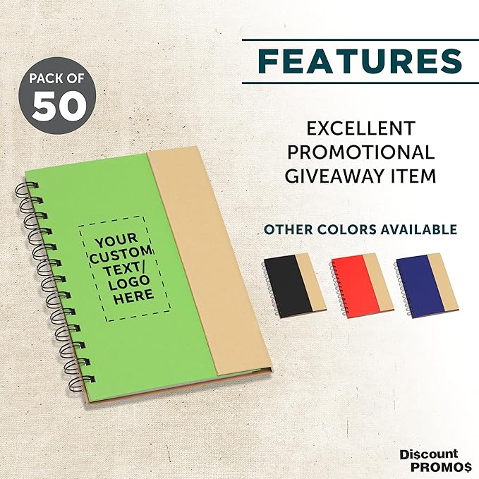 DISCOUNT PROMOS Custom Eco Friendly Spiral Notebooks with Pens Set of 50, Personalized Bulk Pack - Perfect for School, Office, Home - Green