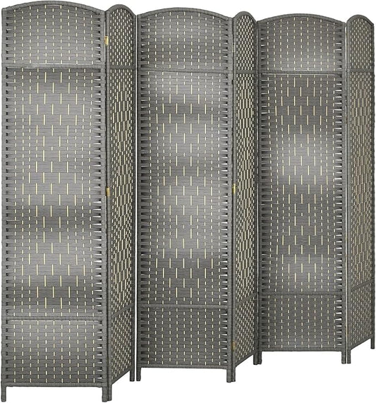 HOMCOM 6 Panel Room Divider, 6' Tall Folding Privacy Screen, Hand-Woven Freestanding Wall Partition for Home Office, Bedroom, Mixed Gray