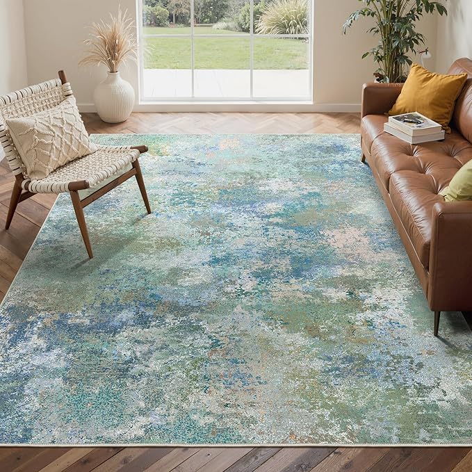 GENIMO Washable Rugs 4x6 Area Rugs for Living Room Bedroom, Modern Lightweight Rug Ultra Soft Indoor Area Rugs 4x6 for Dining Room, Low Pile Carpet with Non Slip Backing, Blue Green