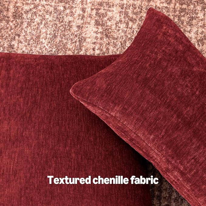 Amazon Basics Chenille Throw Pillow Covers, Home Decor Lumbar Cushion Cover for Bedroom Living Room Couch Bed, 12" W × 20" L, Burgundy
