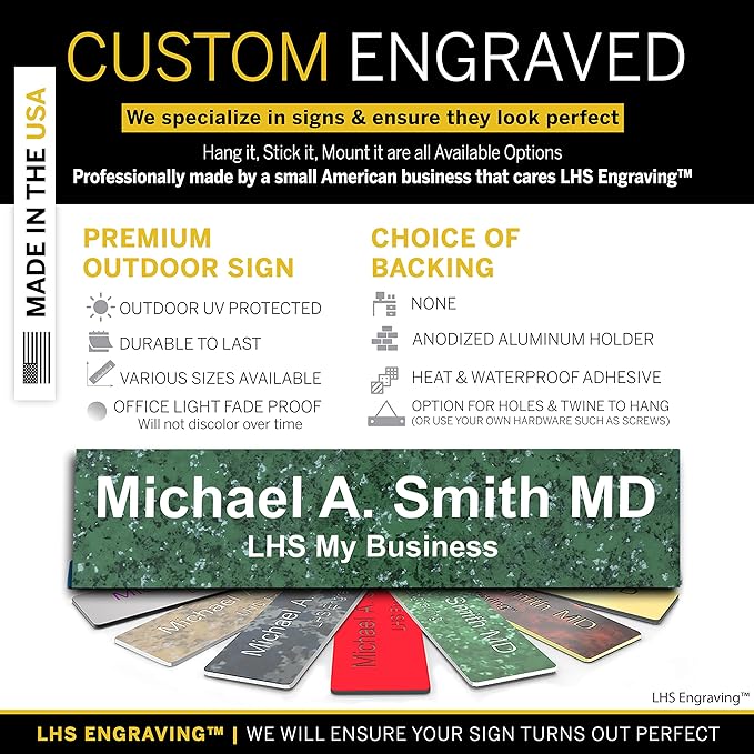 Personalized Name Plate with Choice of Mounting Holders for Walls, Doors, Cubicles, Hanging and More - Custom Verde Green Marble Plastic White Letters - USA Made 2x6 - S4