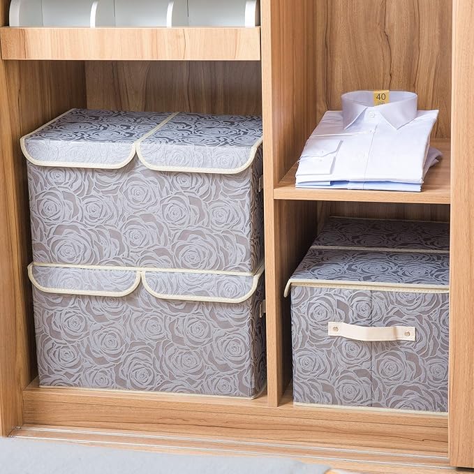 PRANDOM Large Foldable Storage Bins with Lids Fabric Decorative Storage Box Cubes Organizer Containers Baskets with Cover Handles Removable Divider for Home Bedroom Closet 17.3x11.8x9.8 Inch 3 Pack