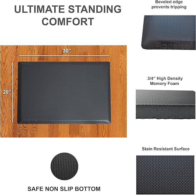 Rocelco 46" Height Adjustable Corner Standing Desk Converter with AC Outlet USB Charger and Anti-Fatigue Floor Mat - Sit Stand Up Tabletop Riser - Keyboard Tray - Black (R CADRB-46-ACUSB-MAFM)