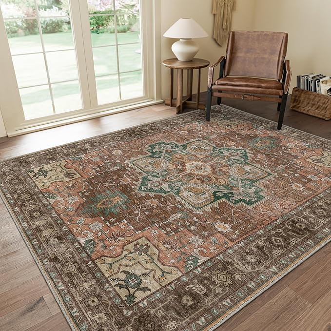 GENIMO 5x7 Area Rugs for Living Room, Machine Washable Non Slip Vintage Rugs, Low Pile Lightweight Chenille Print Rug for Bedroom, Dining Room, Home Office, Rosewood