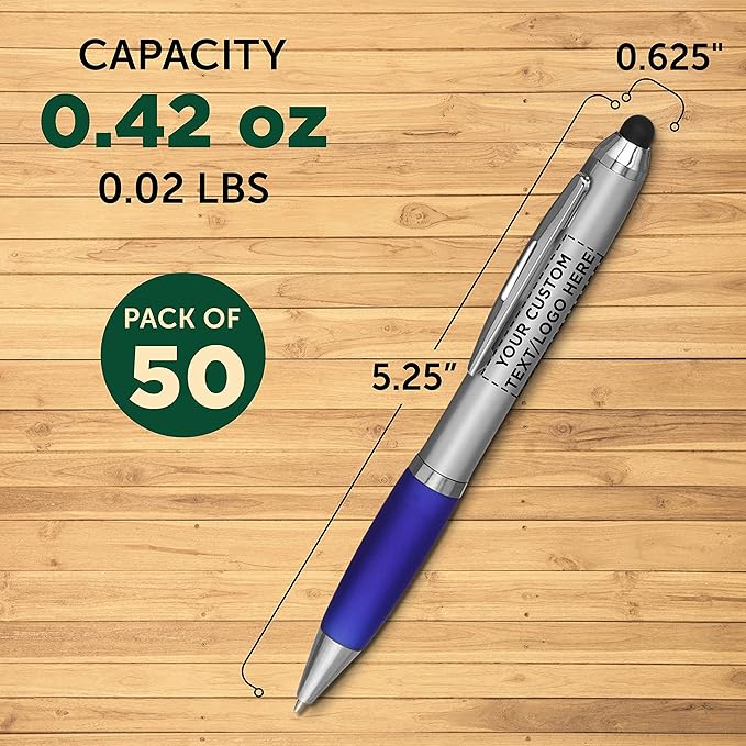 DISCOUNT PROMOS Custom Stylus Ballpoint Pens Set of 50, Personalized Bulk Pack - Black Ink, Great for Office, School, Business, Tradeshows, Events - Blue