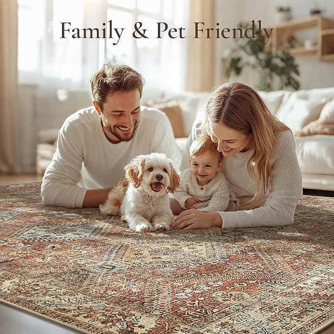 GENIMO 5x7 Area Rugs for Living Room, Machine Washable Non Slip Rugs, Low Pile Lightweight Print Rug for Bedroom, Dining Room, Home Office, Vintage Brick Red