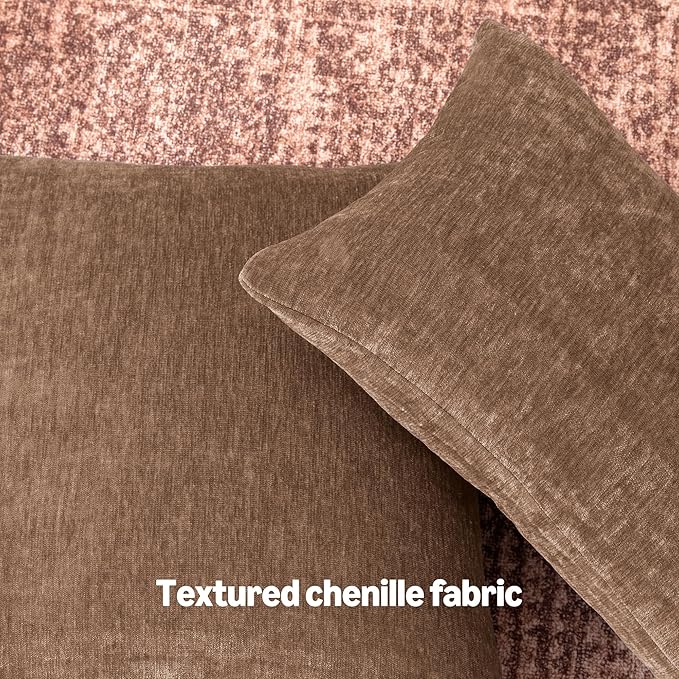 Amazon Basics Chenille Throw Pillow Covers, Home Decor Cushion Cover for Bedroom Living Room Couch Bed, 16" W × 16" L, Brown